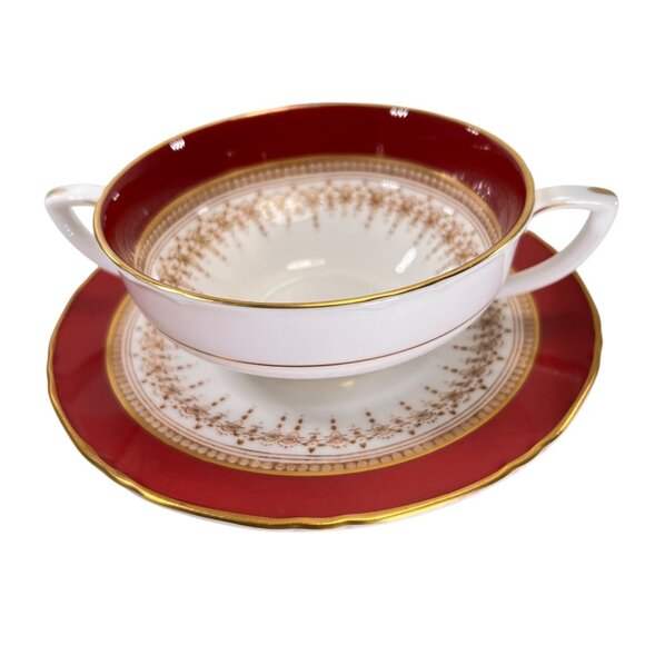 Royal Worcester Regency Red Cream Soup Cup Saucer Set Ruby Gold Trim Bone China - Picture 1 of 12